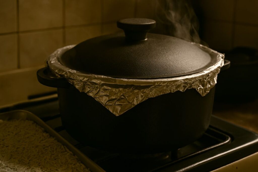 A biryani pot sealed tightly with foil and a heavy lid, placed on a stovetop over low heat. 