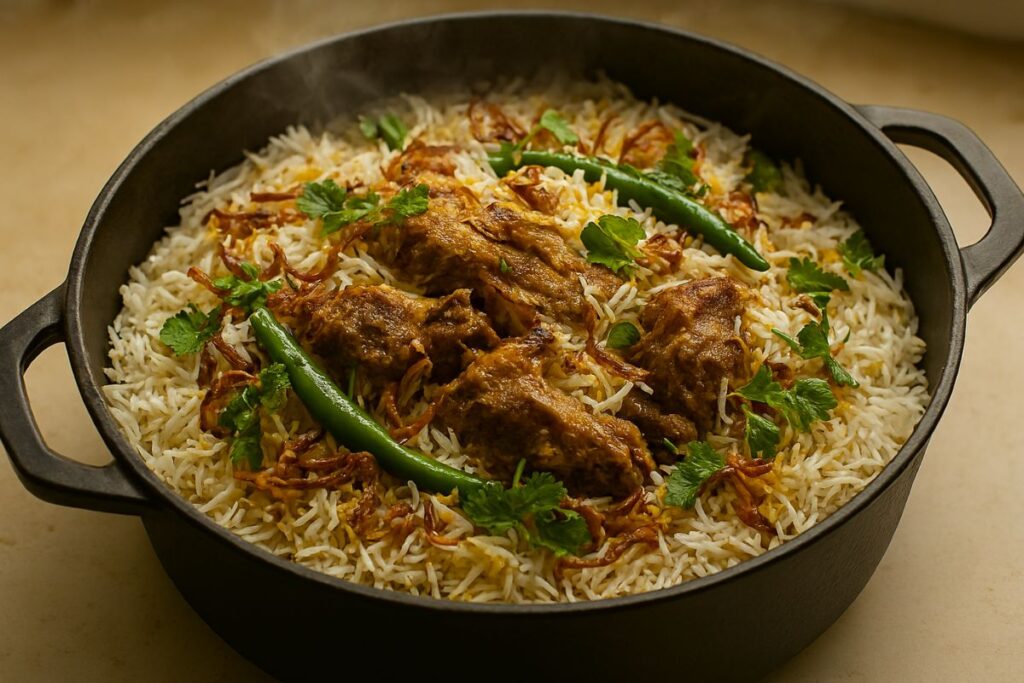 Freshly opened kacchi biryani pot with fragrant steam rising, long grains of rice stained lightly with saffron milk, tender meat visible beneath.