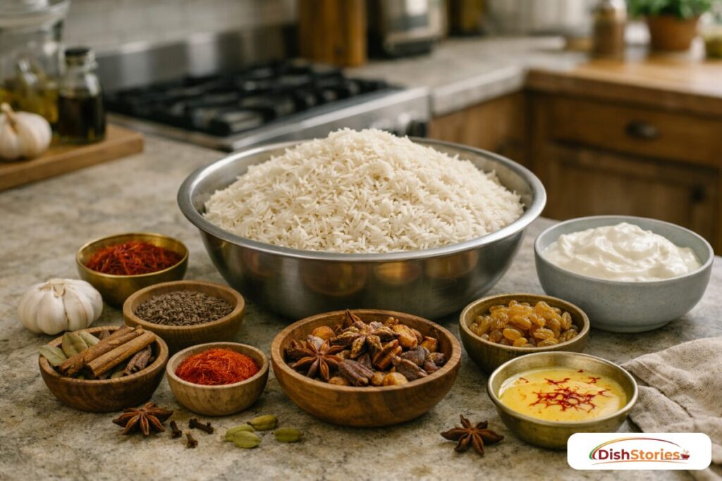 natural kitchen composition showing all the Kacchi Biryani essentials beautifully arranged