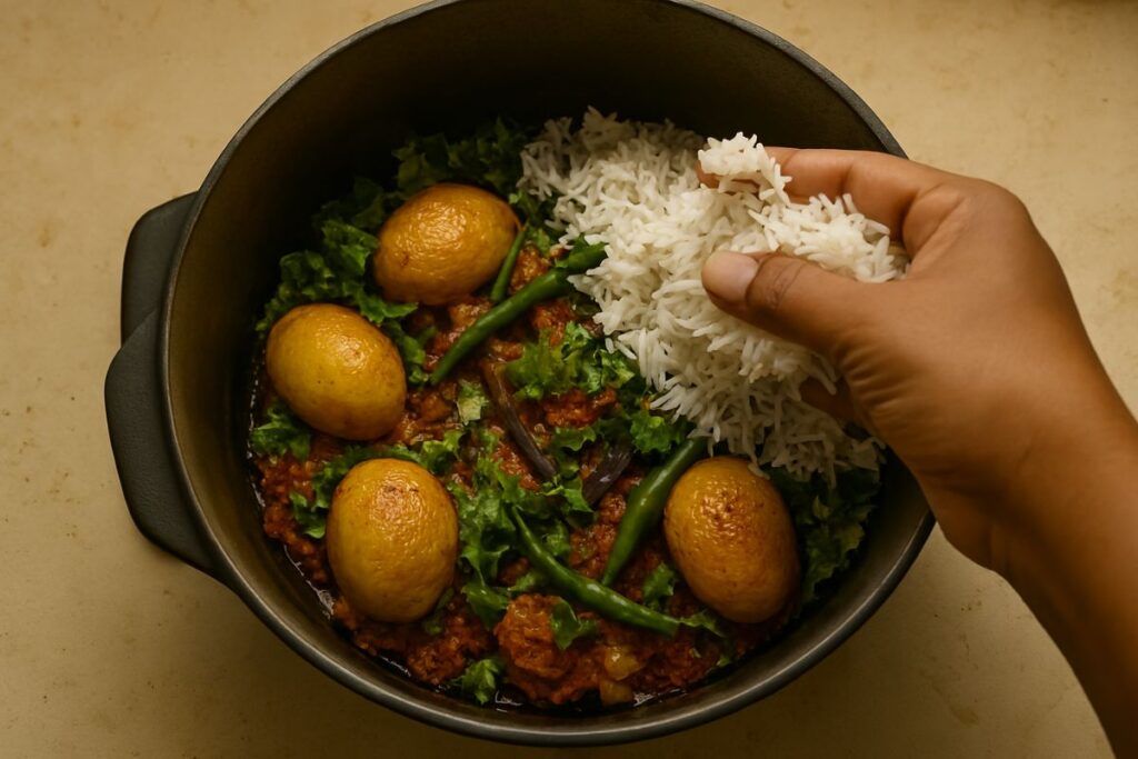 A heavy-bottomed pot showing raw marinated meat at the bottom, golden fried potatoes layered above
