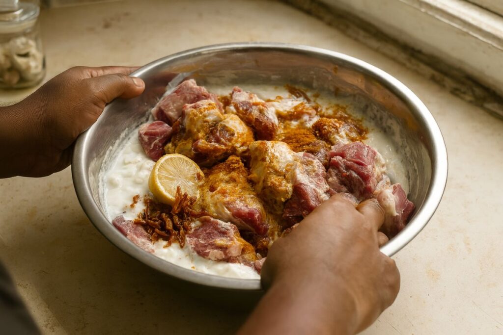 A natural kitchen scene showing raw goat or lamb pieces being mixed with thick yogurt, garlic-ginger paste, and deep golden spices in a large steel bowl. 