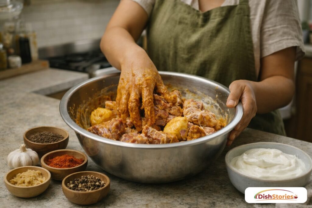 Marinating lamb Piece on a bowl and mixing spice