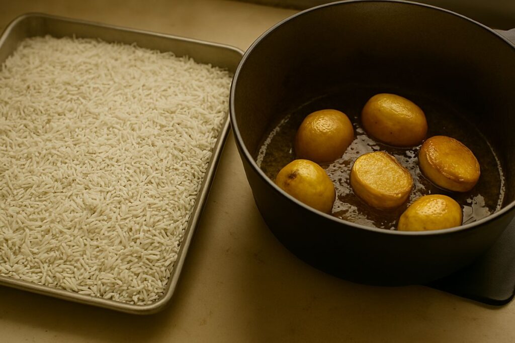 Fluffy basmati rice spread on a wide tray, grains long and separate, with steam lightly rising. 