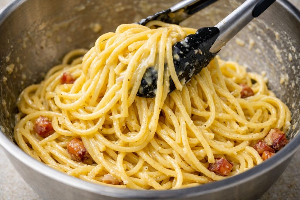 Tossing hot spaghetti pasta with egg yolks and Parmesan cheese sauce to create a velvety texture.