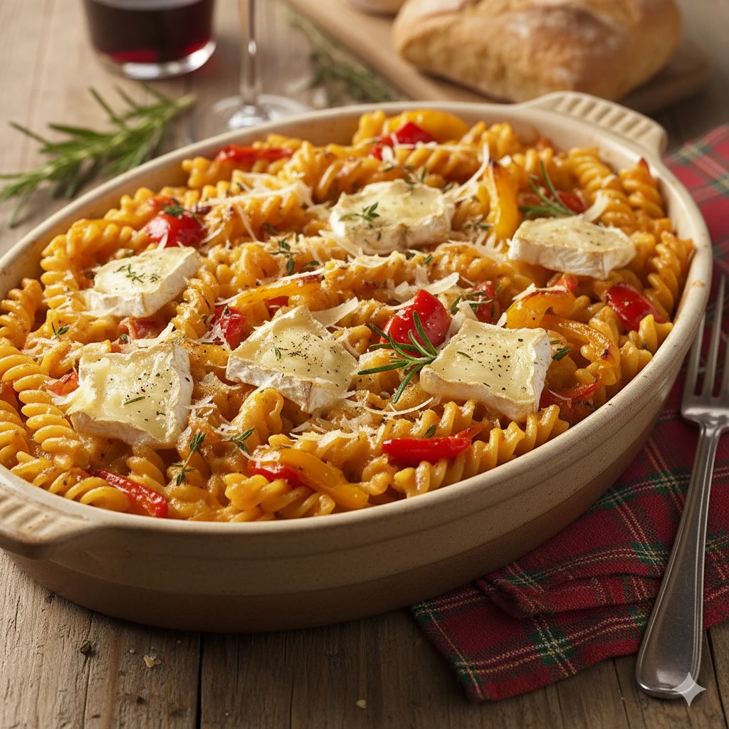 The Holiday Pasta Bake with Brie & Roasted Peppers