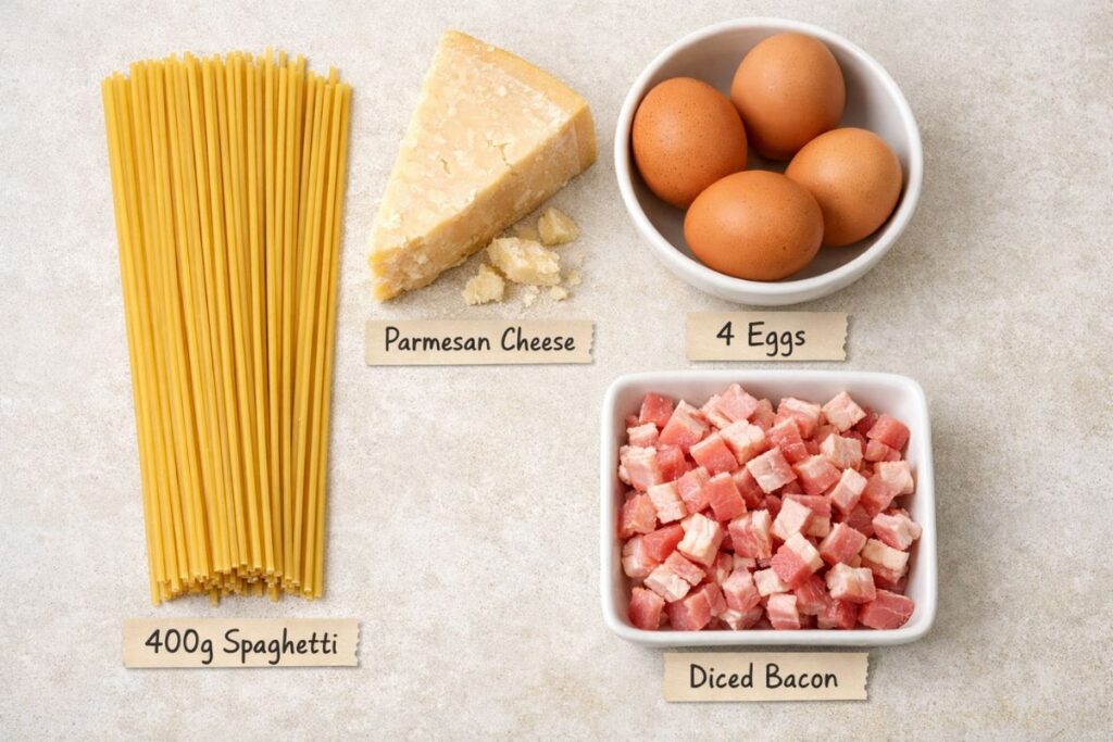 Ingredients for an easy creamy carbonara recipe including spaghetti, fresh eggs, Parmesan cheese, and diced bacon.
