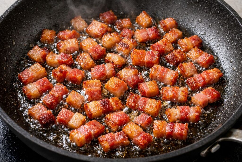 Crisping diced bacon in a skillet on the stovetop for a homemade spaghetti carbonara recipe.
