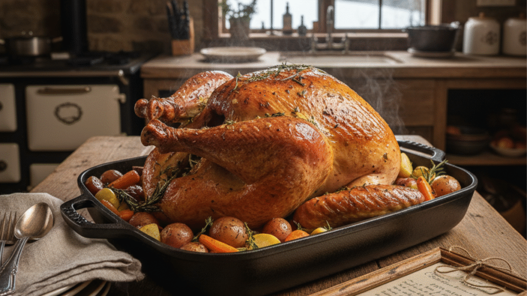 A festive herb-butter roasted turkey recipe with golden skin and fresh herbs.