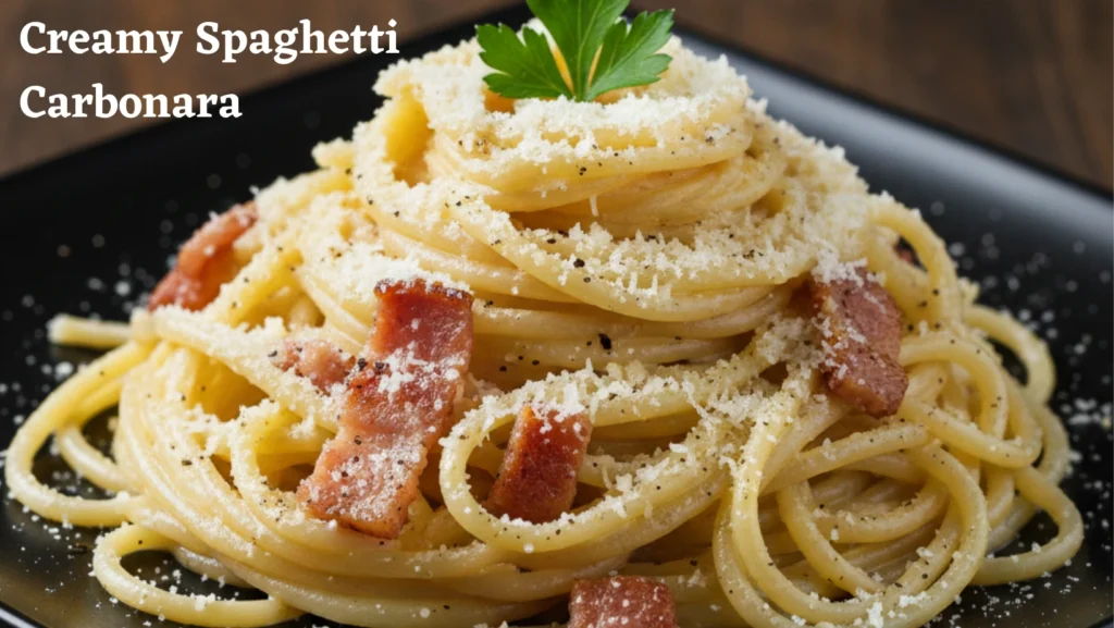 Creamy  carbonara recipe on a black plate, topped with crispy bacon, grated cheese, and a fresh parsley sprig.