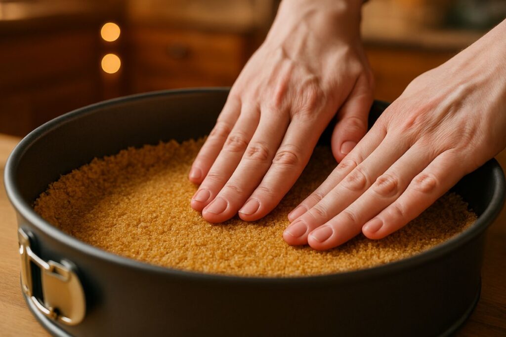 A graham cracker and butter mixture being pressed into the bottom of a 9-inch springform pan.