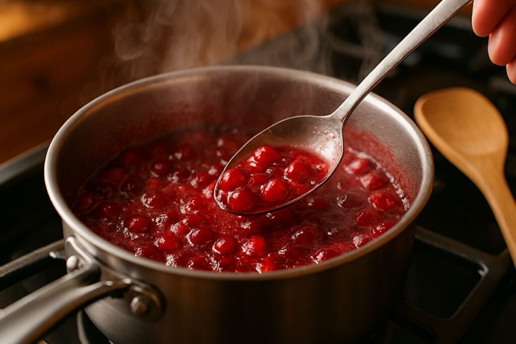A small saucepan on a stove with cranberries, orange juice, sugar, and water simmering together.
