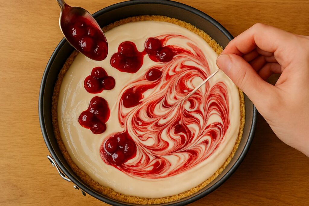 An overhead view of a cheesecake being assembled in a 9-inch springform pan.