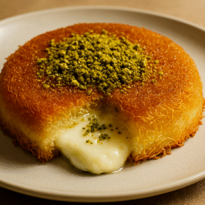 Arabic kunafa — golden, crispy, and topped with pistachios.