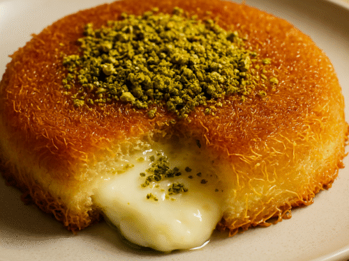 Arabic kunafa — golden, crispy, and topped with pistachios.