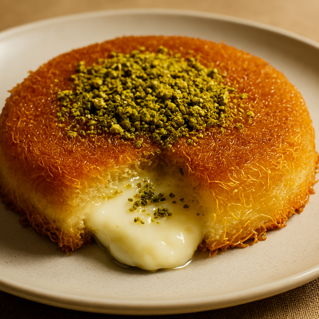 Arabic kunafa — golden, crispy, and topped with pistachios.