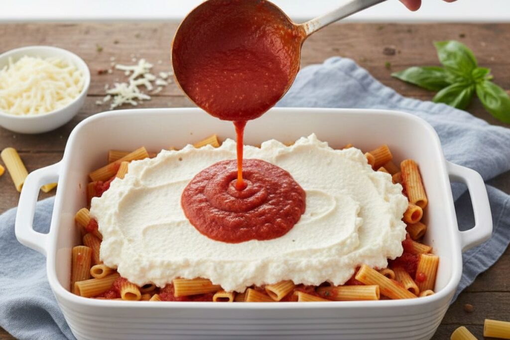 Process shot of assembling baked ziti: a 9x13 white baking dish filled with half the pasta, being topped with a thick layer of blended cottage cheese mixture. Hands pouring sauce from a ladle. Clean, overhead, step-by-step instructional food photography with natural lighting.