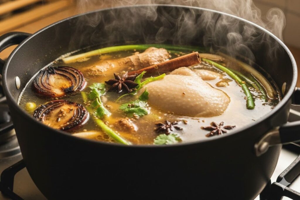 Close-up of clear, golden-hued chicken pho broth simmering gently in a large stockpot with spices and charred aromatics floating, showing the slow, deep flavor extraction process.