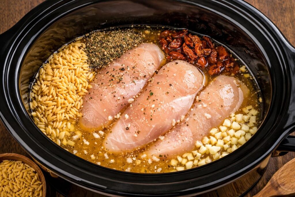 Raw chicken breasts, Italian dressing, broth, garlic, and seasonings inside a slow cooker before cooking.