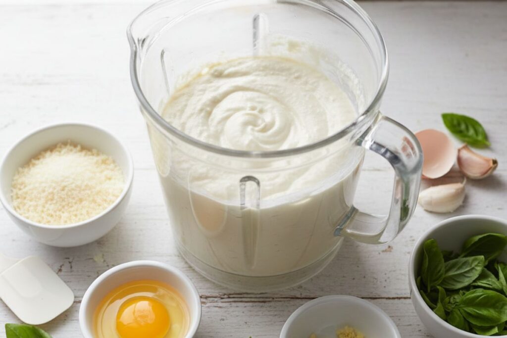 Smooth blended cottage cheese mixture in a blender surrounded by Parmesan and herbs for a healthy baked ziti.