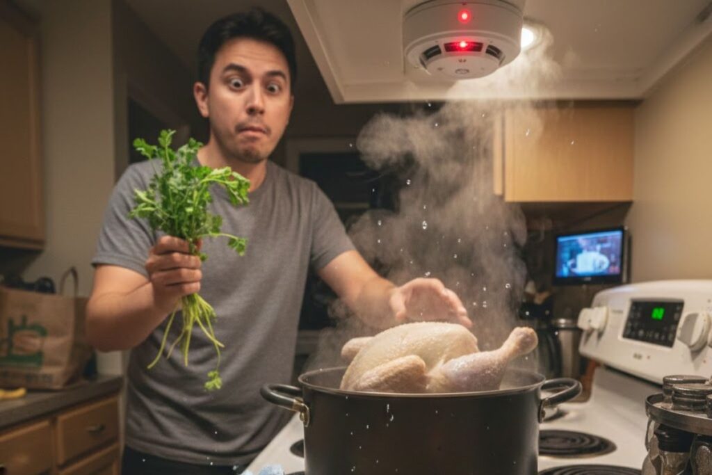A cutting board with deeply charred onions, ginger, star anise, and cinnamon sticks next to a steaming pot, representing the messy but essential first step of making Authentic Pho Ga Recipe (Vietnamese Chicken Pho Soup).