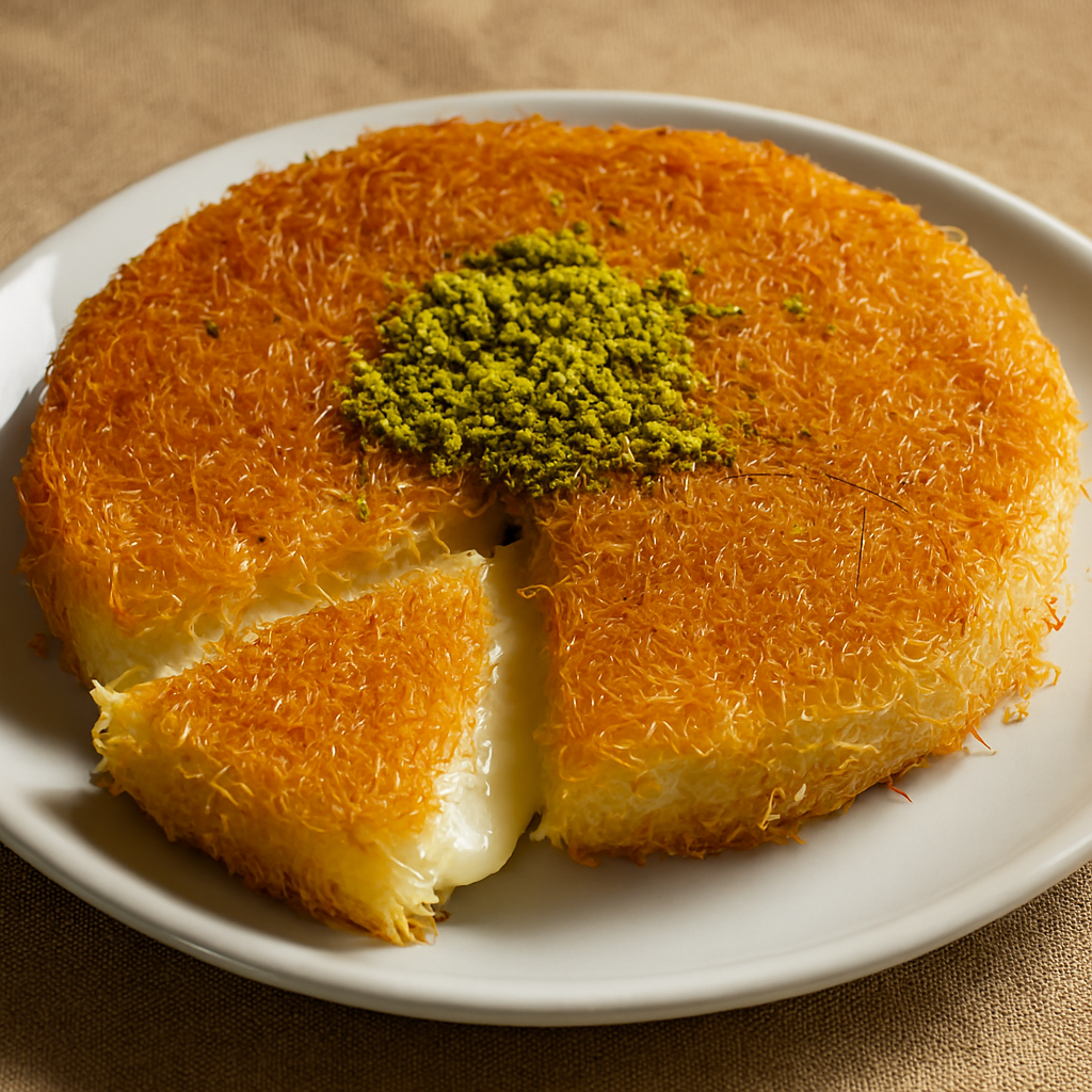 Arabic kunafa, golden and topped with pistachios