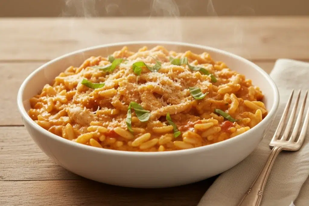 Bowl of creamy Crock-Pot Italian Chicken & Orzo garnished with fresh basil and Parmesan, showing tender pasta and shredded chicken, ready to serve.
