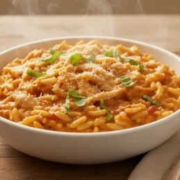 Bowl of creamy Crock-Pot Italian Chicken & Orzo garnished with fresh basil and Parmesan, showing tender pasta and shredded chicken, ready to serve.