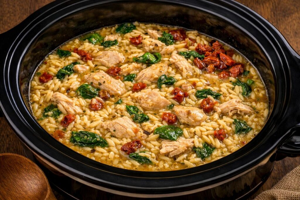 Freshly cooked Italian chicken and orzo inside a crockpot with creamy broth and tender shredded chicken.