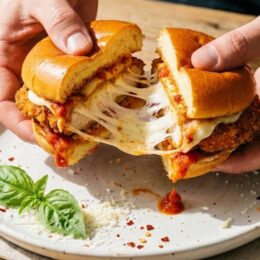 Chicken parm sliders recipe with melted mozzarella stretching from a golden bun, topped with marinara and fresh basil.