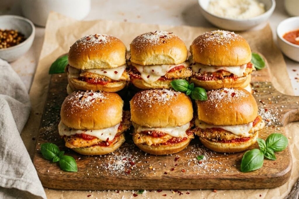 Stacked chicken parm sliders recipe with golden buns, melted cheese, marinara sauce, and fresh basil on a wooden board