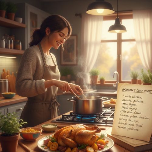 A cozy kitchen scene showing a person happily cooking at a countertop. Beside them is a beautifully presented, delightful dish on a plate, steaming gently