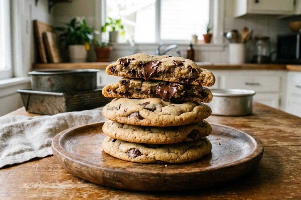 Stack of bakery-style best chocolate chip cookies with one broken in half revealing gooey chocolate center.