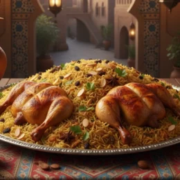 Traditional Arabic Chicken Mandi Rice in plate