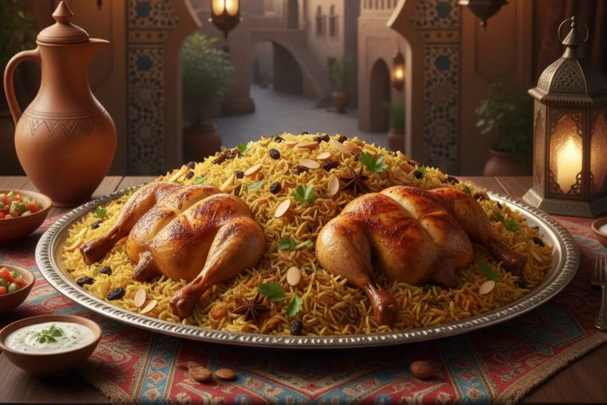 Traditional Arabic Chicken Mandi Rice in plate
