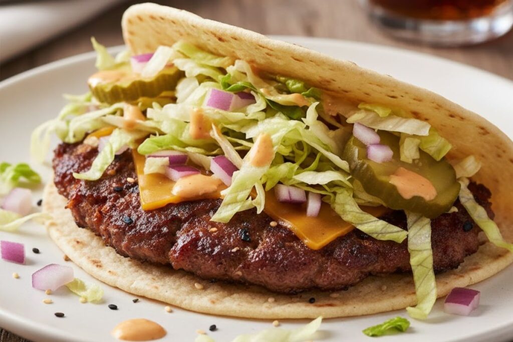 Smash Burger Tacos on a plate with toppings spilling out