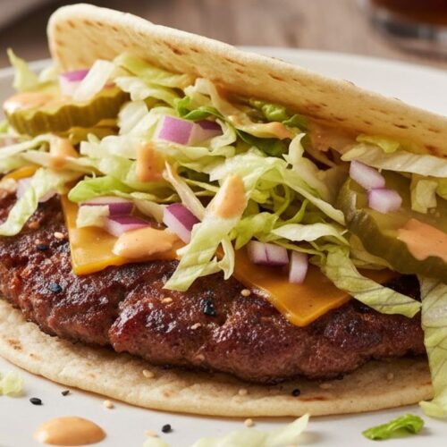 a delicious Smash Burger Taco on a plate, with all those tempting toppings spilling out!