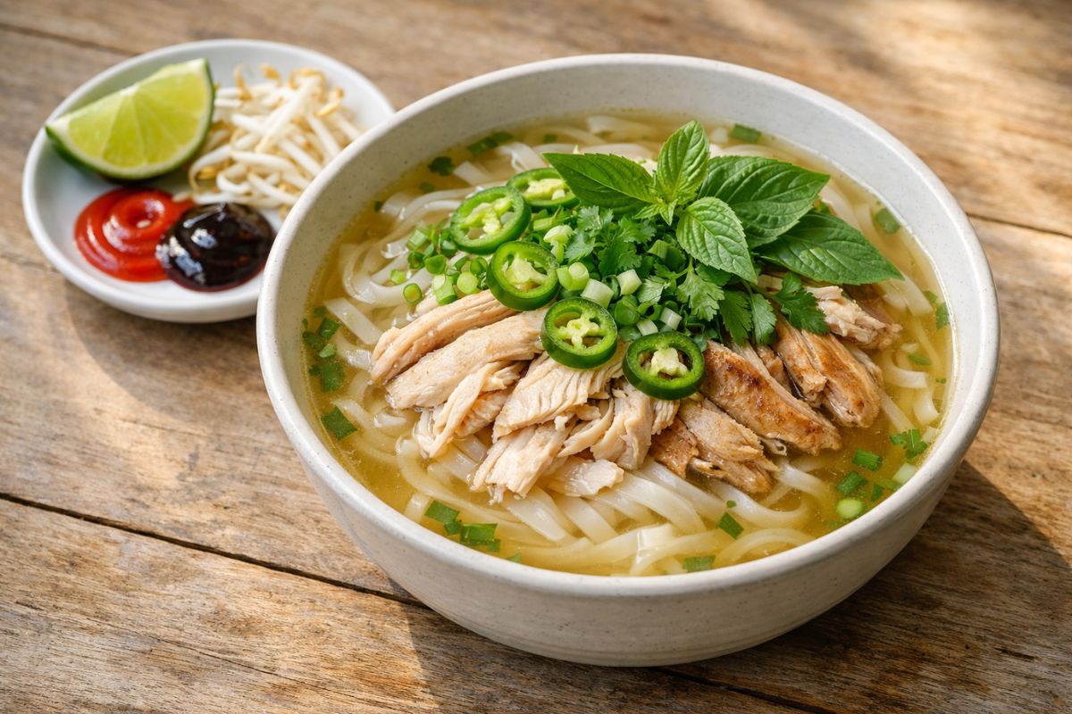 A steaming bowl of authentic Pho Ga Vietnamese chicken noodle soup topped with fresh herbs, sliced jalapeños, and scallions on a rustic wooden table.