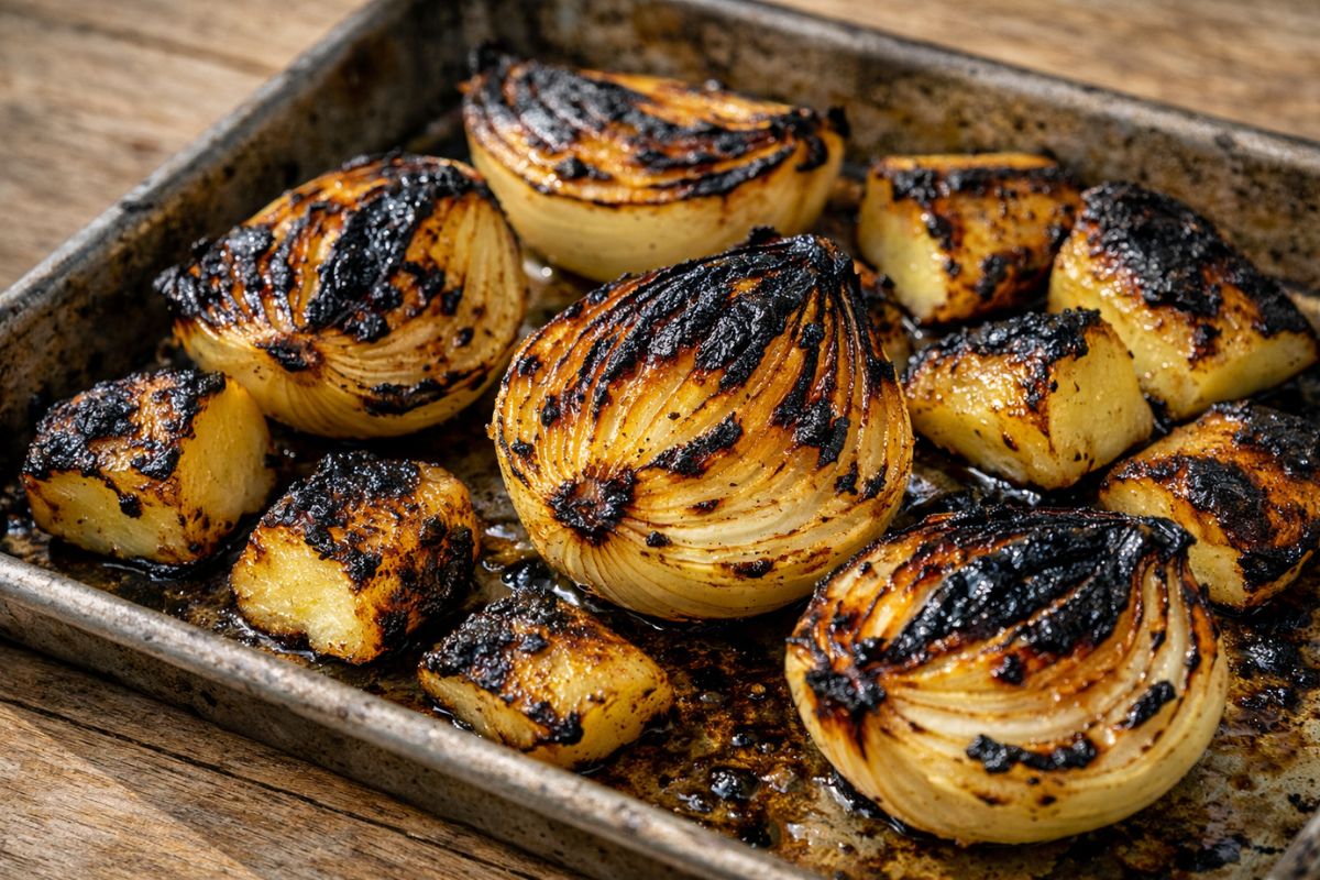 Blistered and charred yellow onion halves and sliced fresh ginger on a metal baking sheet for making chicken pho broth.