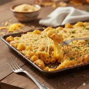 Close-up of crispy mac and cheese on a sheet pan with bubbling cheese, crunchy breadcrumb crust, and golden baked edges.