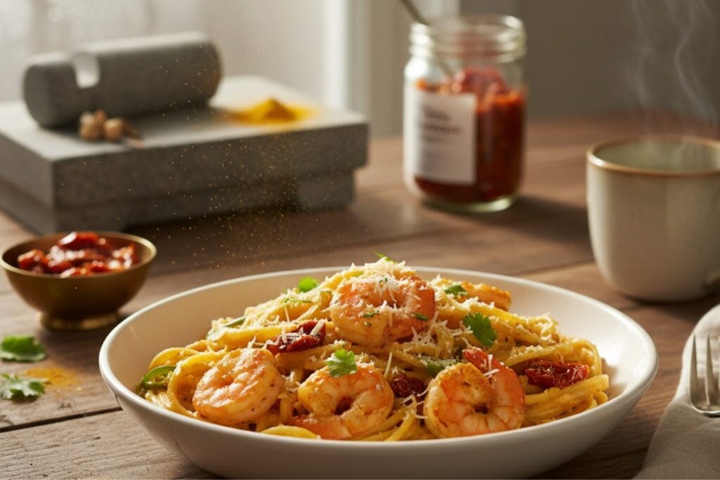 marry me shrimp pasta in warm morning light