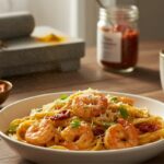 marry me shrimp pasta in warm morning light