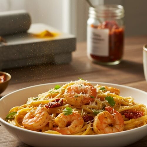 marry me shrimp pasta in warm morning light