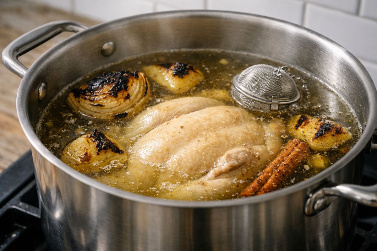 A large stainless steel stockpot filled with a clear, golden chicken pho broth simmering gently with a whole chicken, charred onion, and spices.