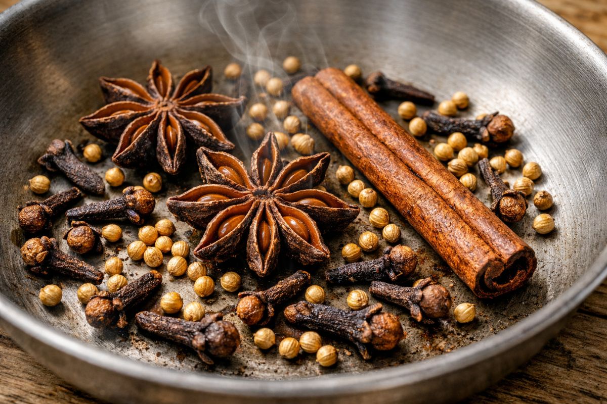 Whole star anise, a cinnamon stick, whole cloves, and coriander seeds being toasted in a dry stainless steel skillet.