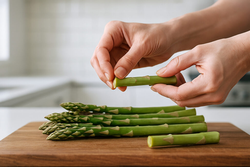 snapping woody ends of fresh asparagus before roasting