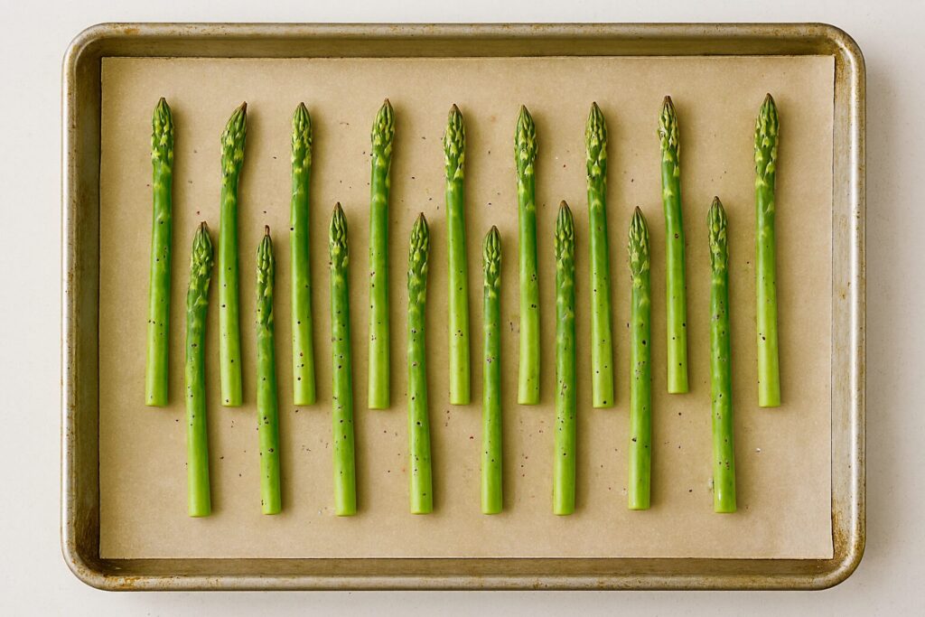 asparagus arranged on parchment lined sheet pan for roasting