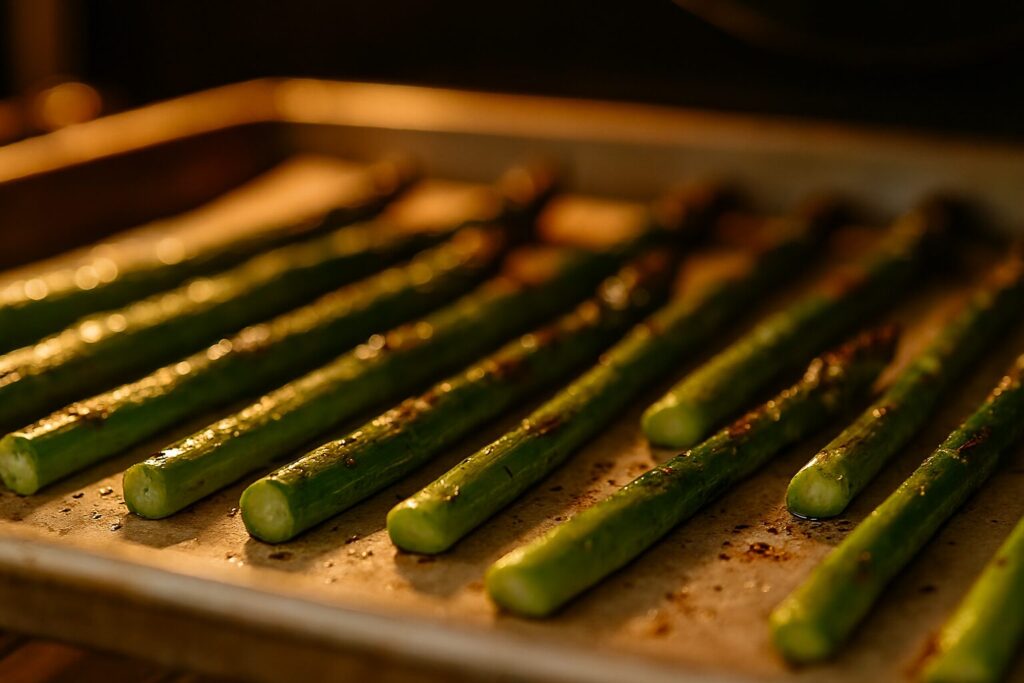 asparagus roasting in oven with blistered tips