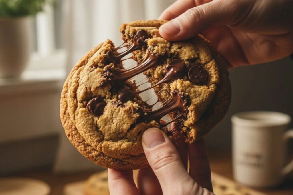 Close-up of a tall bakery style chocolate chip cookie dough ball with chocolate chunks and orange zest.