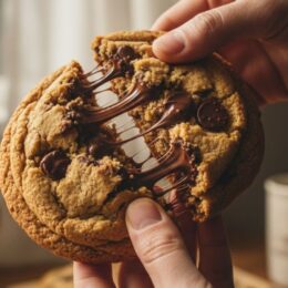 Hands pulling apart a giant bakery style chocolate chip cookie with a gooey, melted chocolate center.