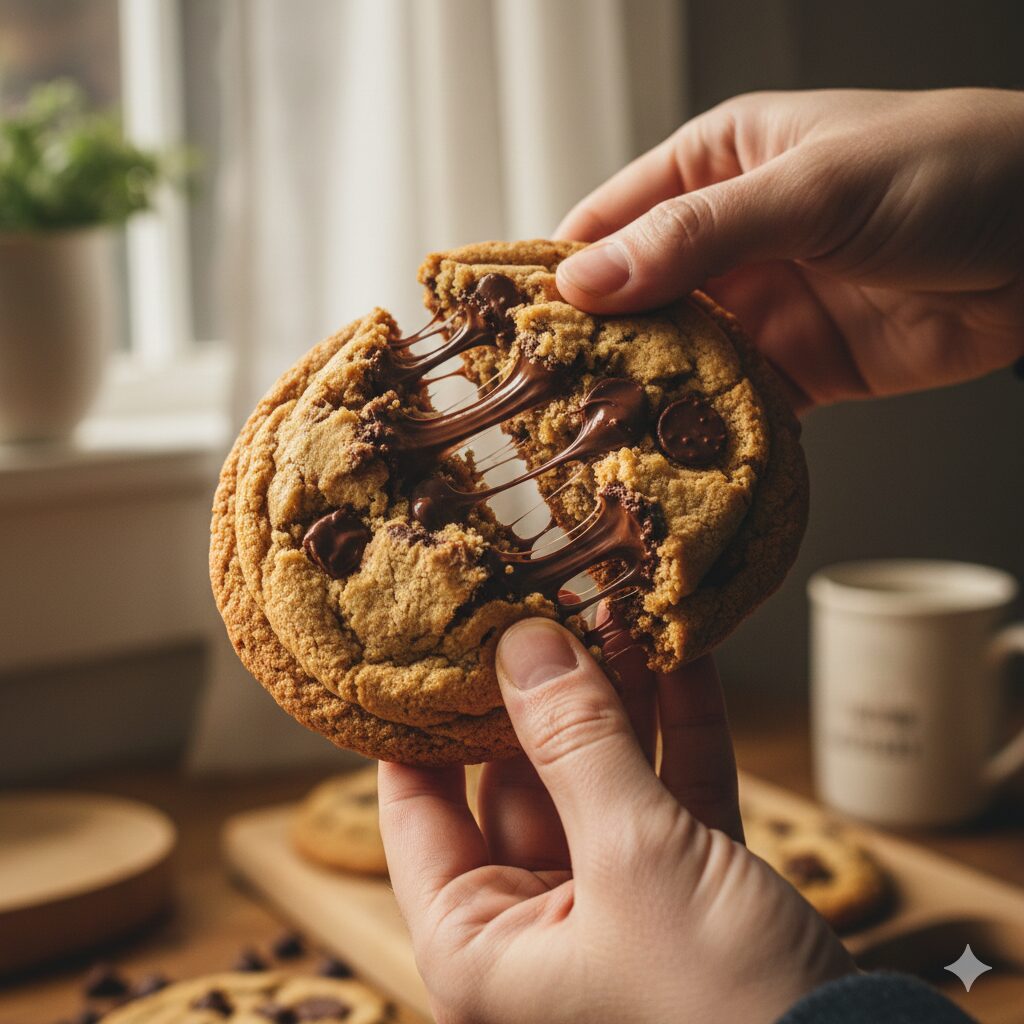 Close-up of a tall bakery style chocolate chip cookie dough ball with chocolate chunks and orange zest.